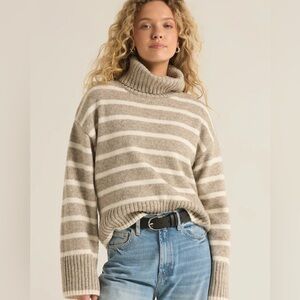 NEW Z Supply Josephine Stripe Turtleneck Knit Sweater Small Heather Taupe